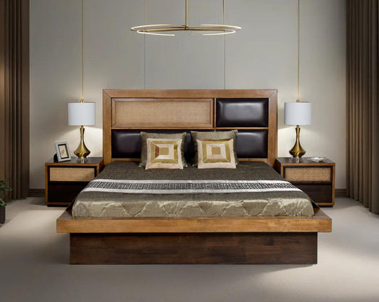 his luxurious king-size bed with pillow  adds a natural & rustic opulent style to your space Bedside table with one drawer in dark walnut & oak veneer and one bamboo knitted drawer