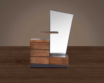 "Dresser with mirror comes in dark walnut & with 4 drawers." front view