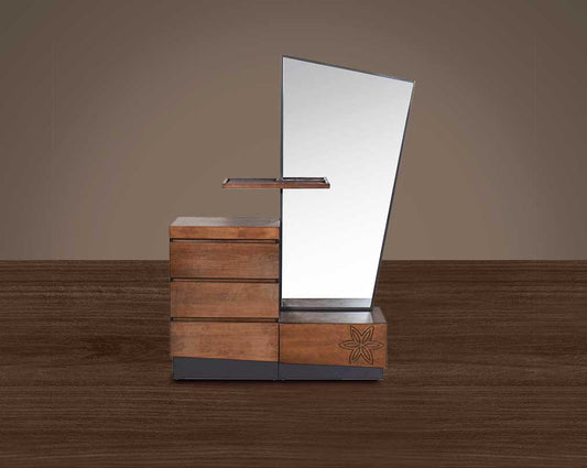 "Dresser with mirror comes in dark walnut & with 4 drawers." front view