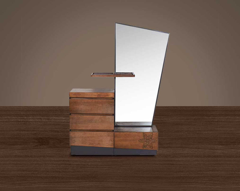 "Dresser with mirror comes in dark walnut & with 4 drawers." front view