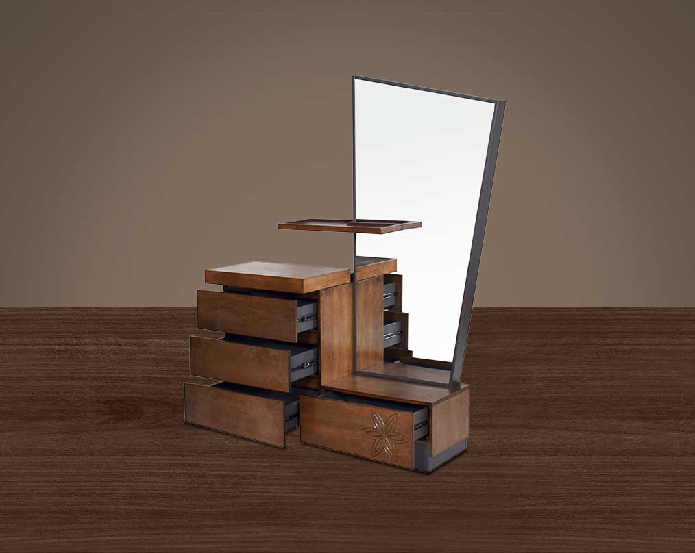 "Dresser with mirror comes in dark walnut & with open  4 drawers."