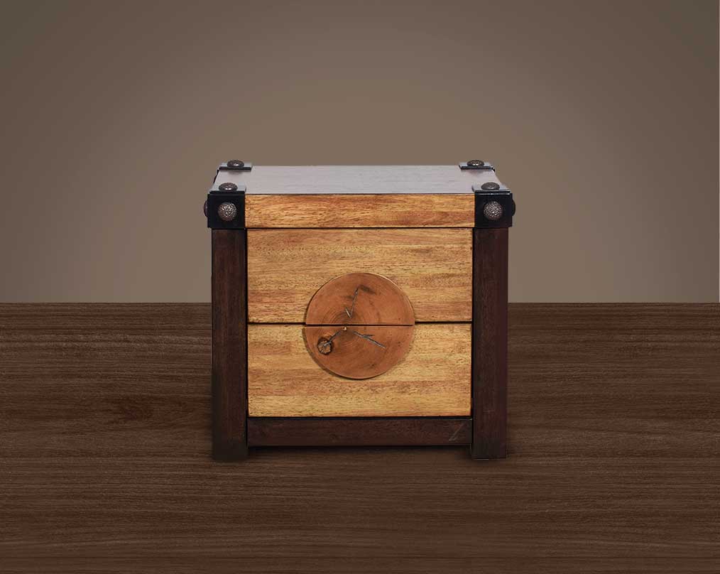 Bed side table closed drawer in wood & oak veneer with two drawers.