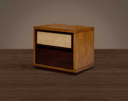 Bedside table with one drawer in dark walnut & oak veneer and one bamboo knitted drawer.