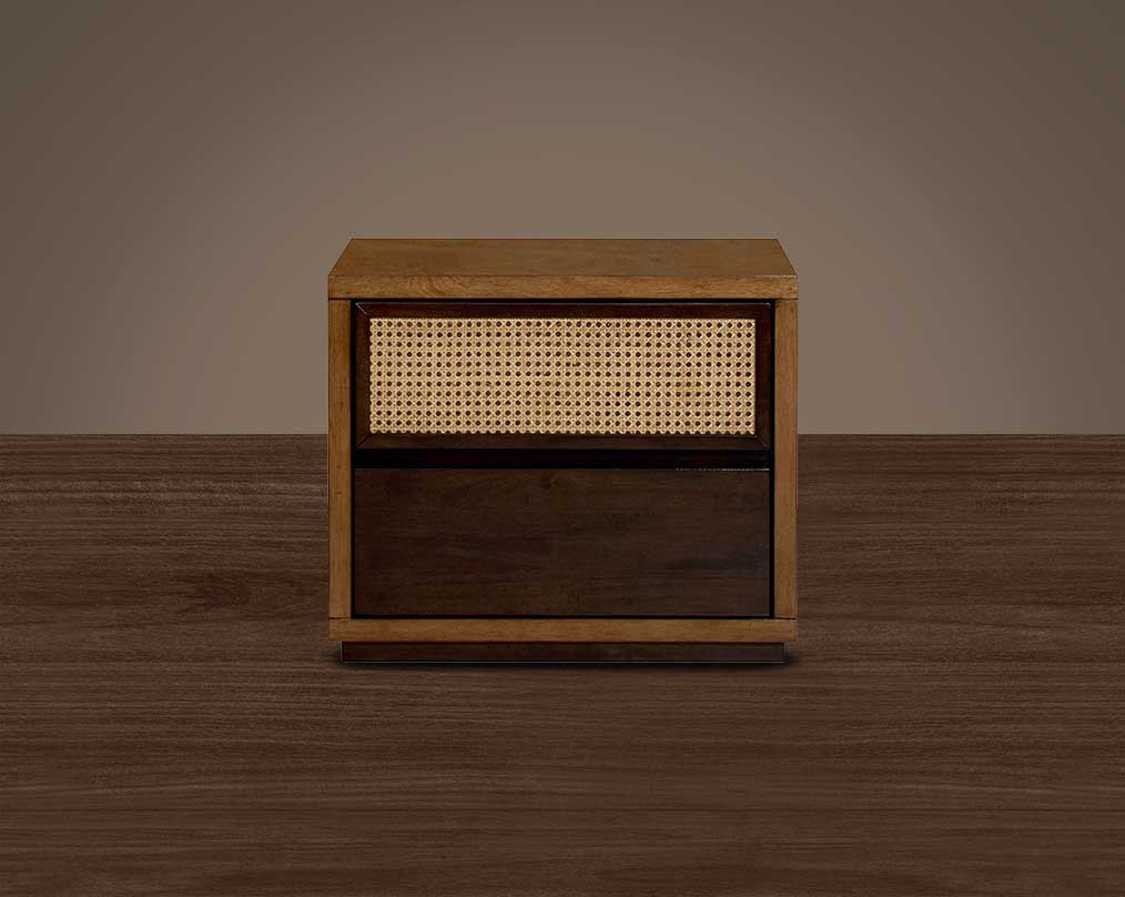 Bedside table with one drawer in dark walnut & oak veneer and one bamboo knitted drawer.