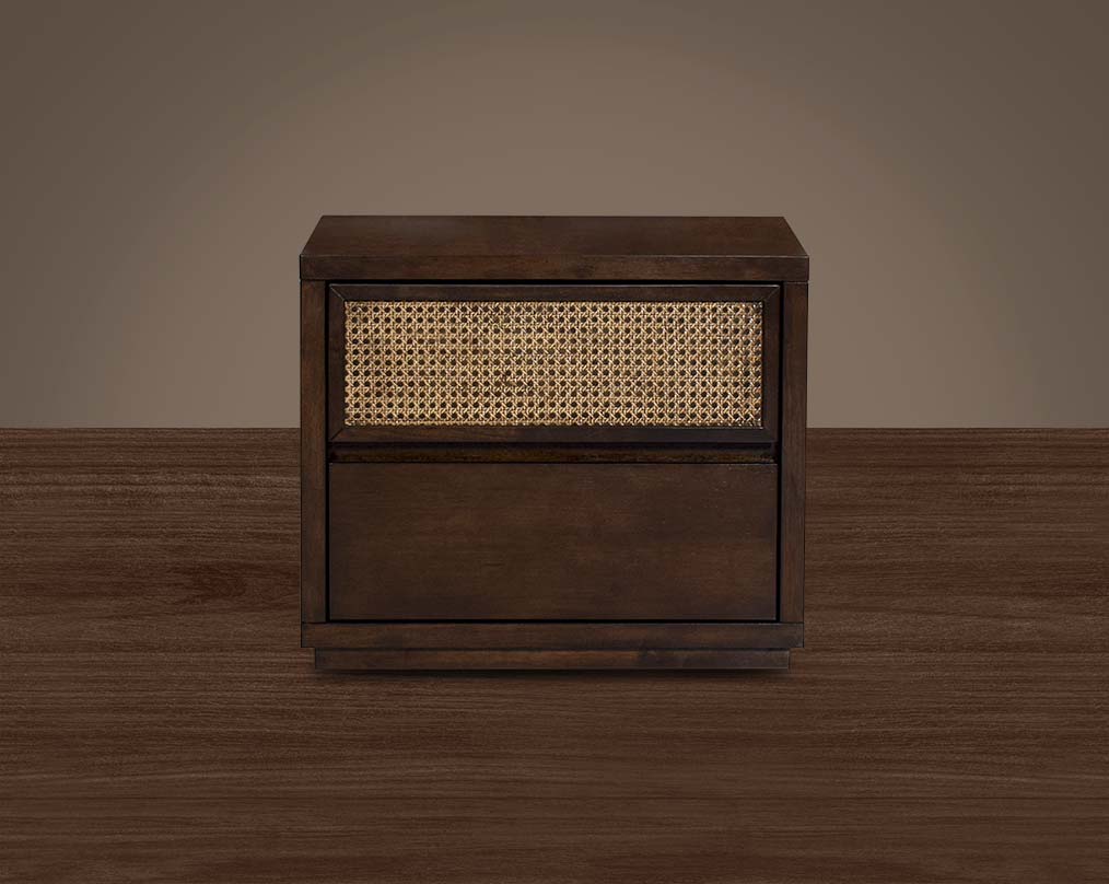 Bedside table with 2 drawers in dark walnut & bamboo knitted drawer front view