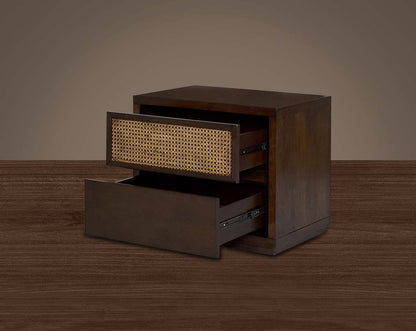 Bedside table with open 2 drawers in dark walnut & bamboo knitted drawer.
