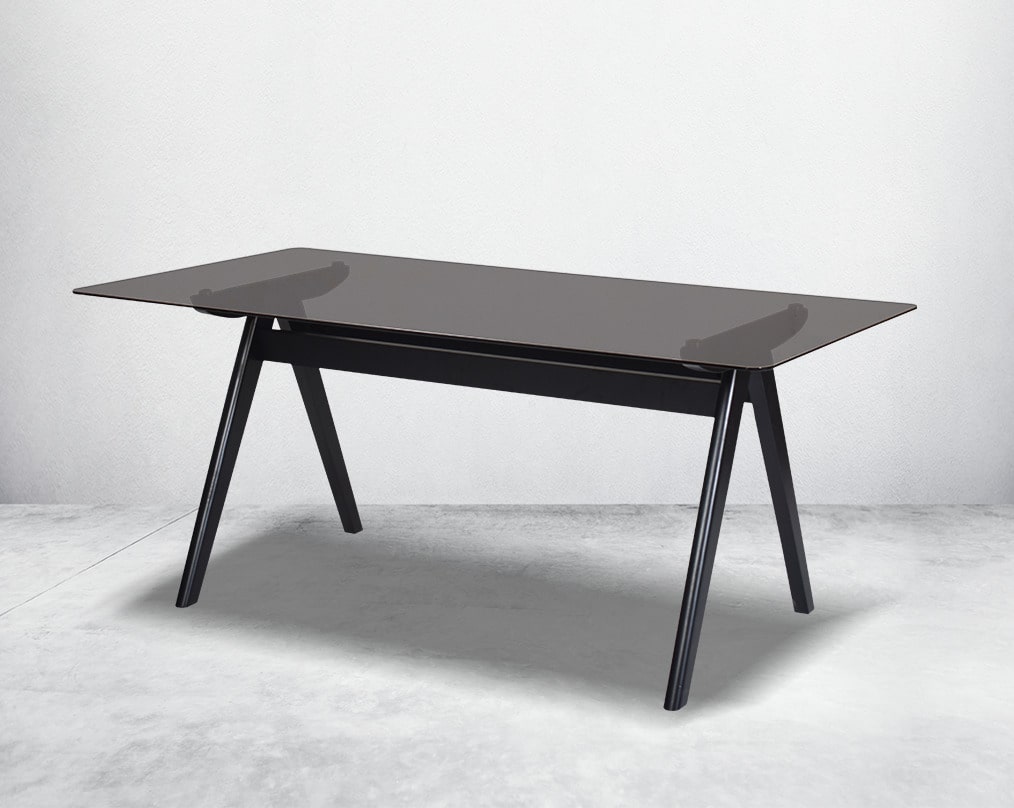 This elegant 6 seater rectangular style dining table in retro style comes with a black tinted tempered glass top & solid wooden geometrical base in dark walnut finish.