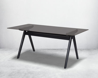 This elegant 6 seater rectangular style dining table in retro style comes with a black tinted tempered glass top & solid wooden geometrical base in dark walnut finish.