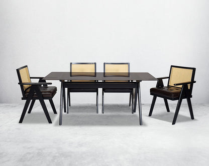 This elegant 6 seater rectangular style dining table in retro style comes with a black  wooden dining chair with comfy cushioned seat & rattan backrest with curved armrest & geometrical leg design in dark walnut finish in retro style.