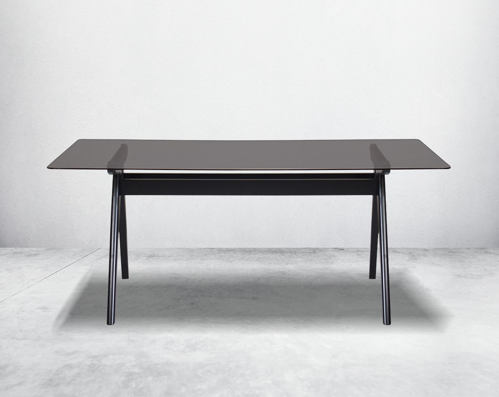 This elegant 6 seater rectangular style dining table in retro style comes with a black tinted tempered glass top & solid wooden geometrical base in dark walnut finish.