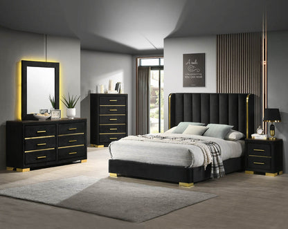 Bedside Table with luxury bed and pillow with Dressers with mirrors  is crafted in dark walnut and high gloss gold finish metal hardware with 2 drawers.