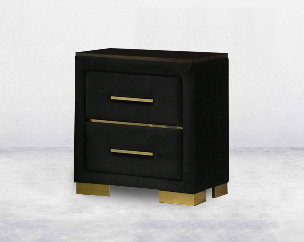 Bedside Table is crafted in dark walnut and high gloss gold finish metal hardware with 2 drawers.