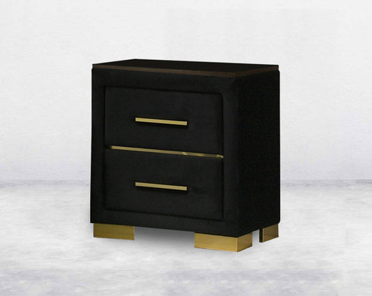 Bedside Table is crafted in dark walnut and high gloss gold finish metal hardware with 2 drawers.