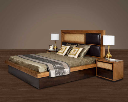 This luxurious king-size bed adds a natural & rustic opulent style to your space Bedside table with one drawer in dark walnut & oak veneer and one bamboo knitted drawer.
