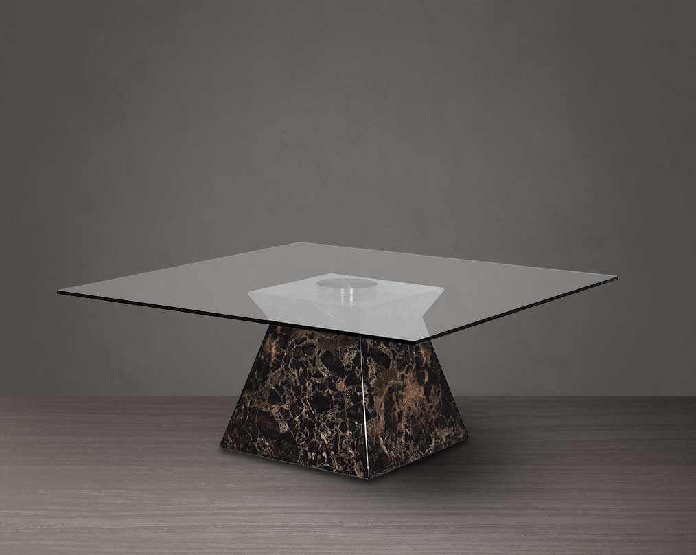 Square coffee table with clear glass top & brown imitation marble base in glossy finish.