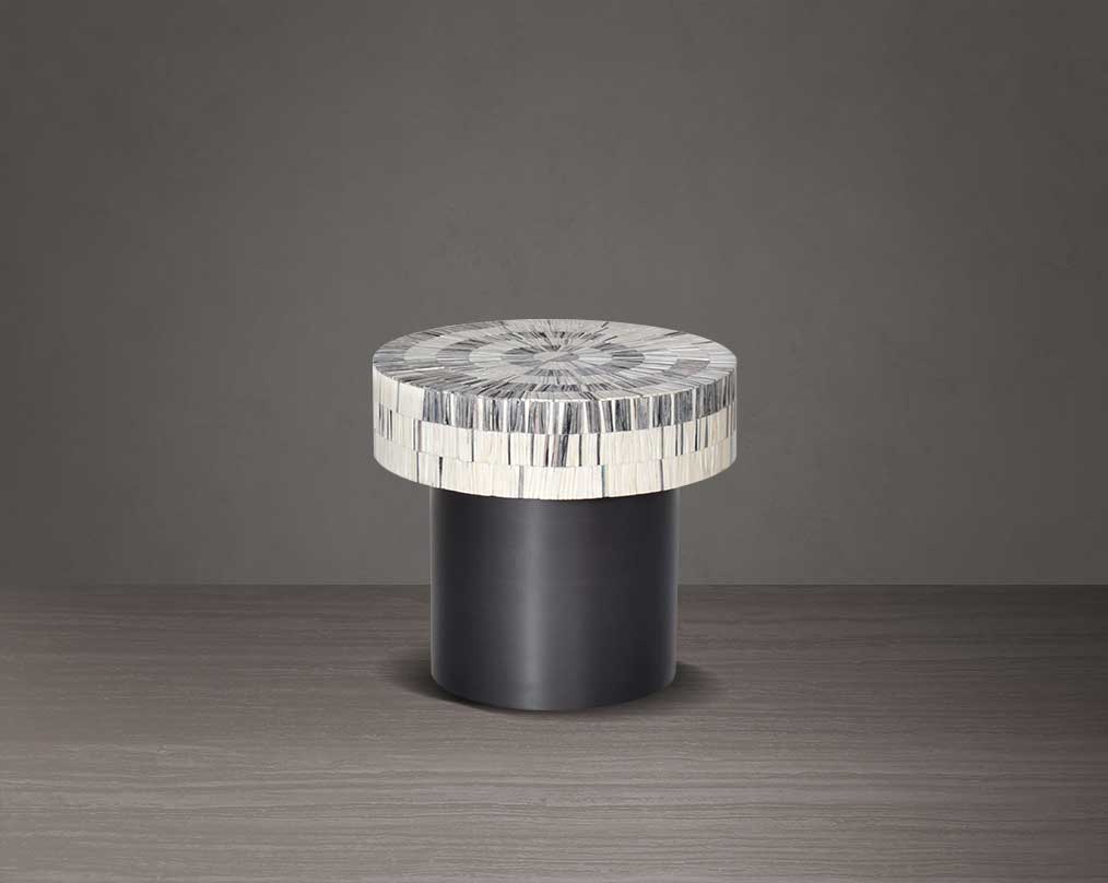 This gorgeous antique black and white inlay coffee and end table with a black metal base is a perfect statement piece in your living room - small