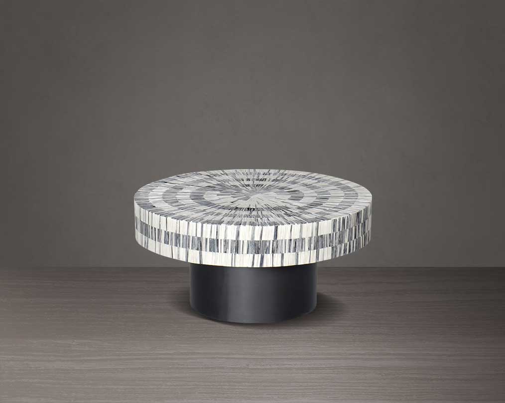 This gorgeous antique black and white inlay coffee and end table with a black metal base is a perfect statement piece in your living room - large size.