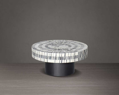 This gorgeous antique black and white inlay coffee and end table with a black metal base is a perfect statement piece in your living room - large size.