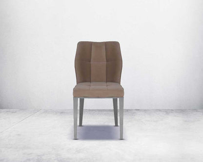 Dining chair front with upholstered in velvet fabric with high polished stainless steel legs.
