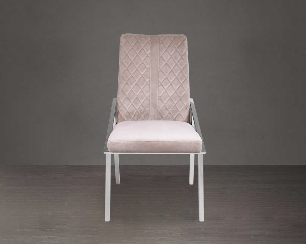 Dining chair upholstered in fabric with front view stainless steel legs.