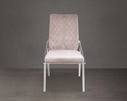 Dining chair upholstered in fabric with front view stainless steel legs.
