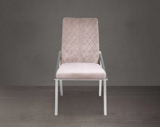 Dining chair upholstered in fabric with front view stainless steel legs.