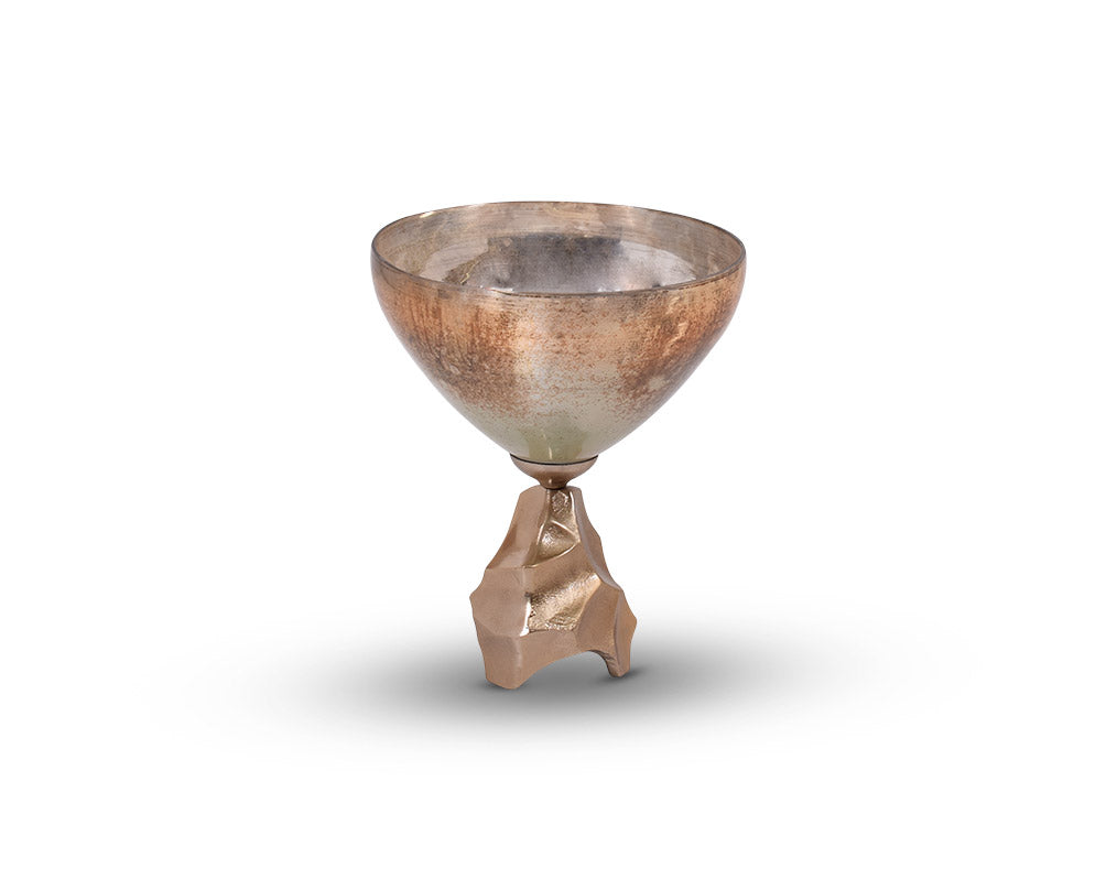 Decorative bowl in champagne glass and antique gold aluminium base large