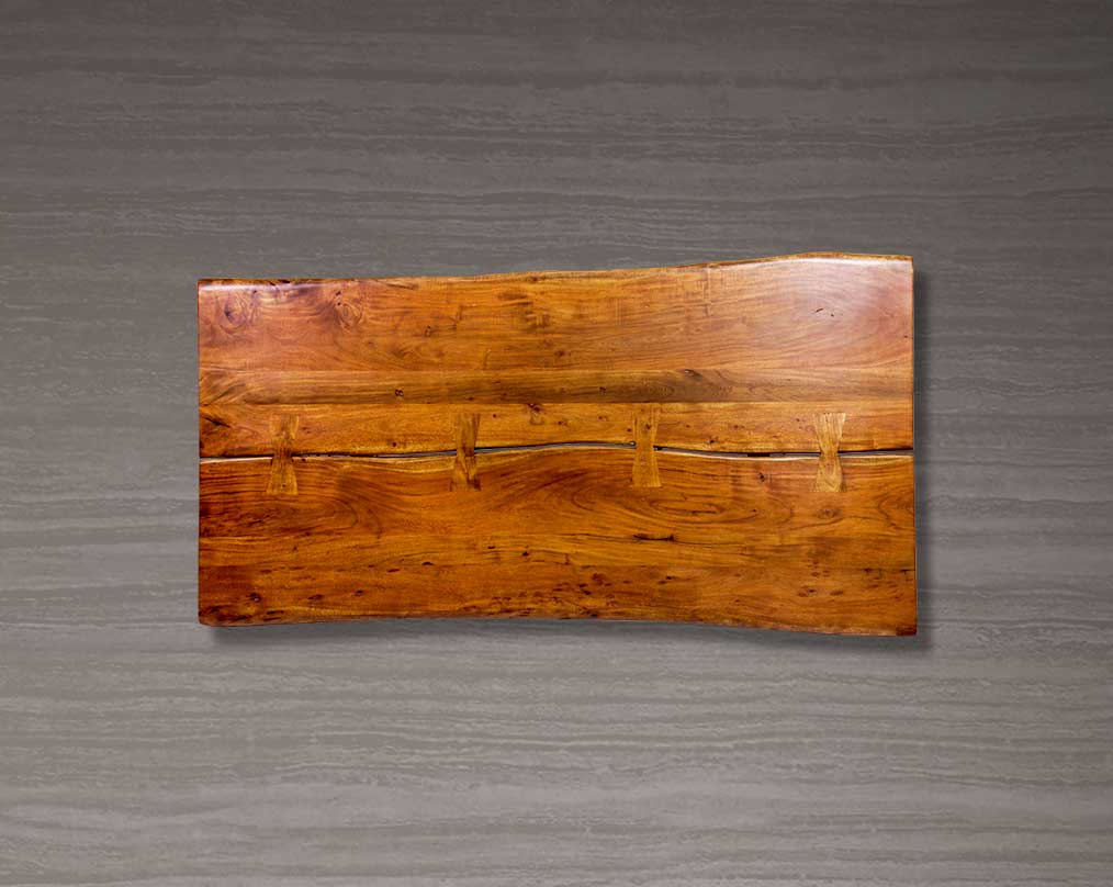 Large 6 seater rectangle dining table in solid acacia wood in light walnut with nickel coated stainless steel base in glossy finish.