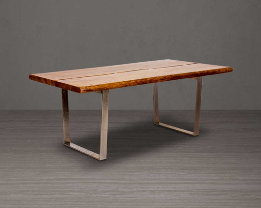 Large 6 seater rectangle dining table in solid acacia wood in light walnut with nickel coated stainless steel base in glossy finish.