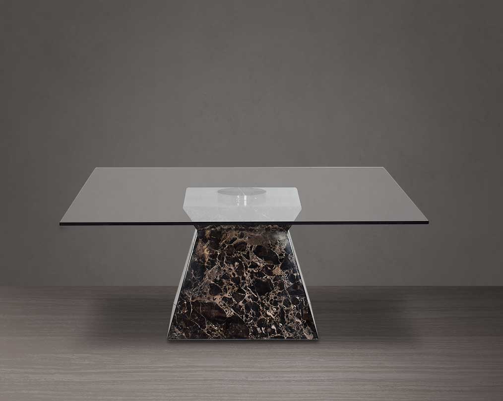 Square coffee table with clear glass top & brown imitation marble base in glossy finish with front view.
