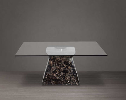 Square coffee table with clear glass top & brown imitation marble base in glossy finish with front view.