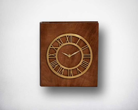 Table clock in antique matt brass and natural wood finish.