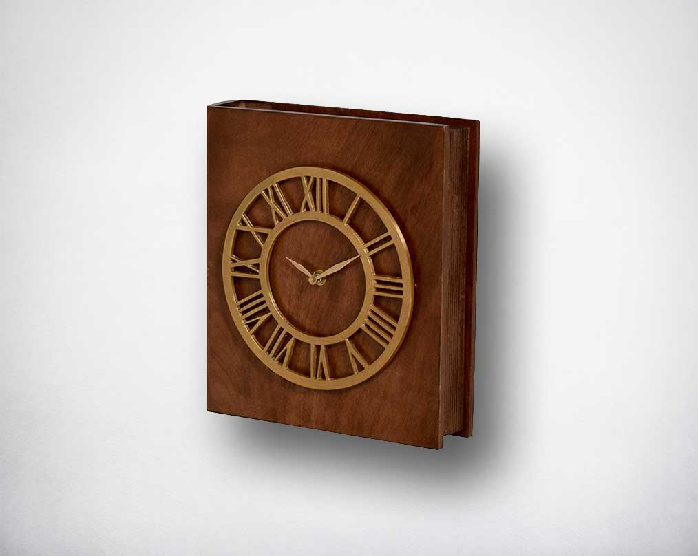 Table clock in antique matt brass and natural wood finish.