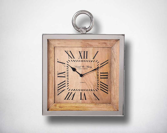 Square wall clock in nickel and wood in roman numerals