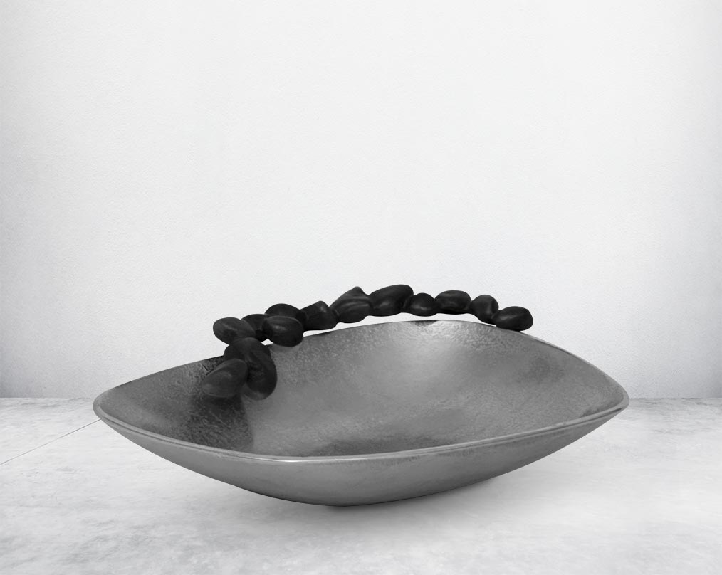 This aluminium platter finished in nickel & grey brings a rich contemporary look to your living or dining room . small