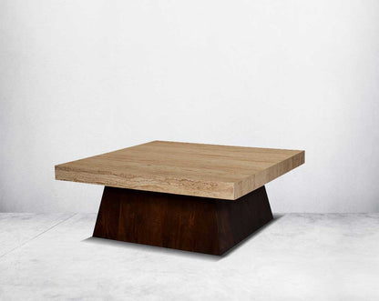 This stylish square coffee and end table set is an embodiment of rustic luxury. It is cast in travertine Italian marble with a wooden conical base.