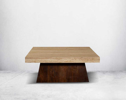 This stylish square coffee and end table set is an embodiment of rustic luxury. It is cast in travertine Italian marble with a wooden conical base.