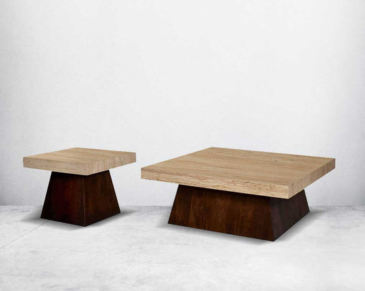 This stylish square coffee and end table set is an embodiment of rustic luxury. It is cast in travertine Italian marble with a wooden conical base.