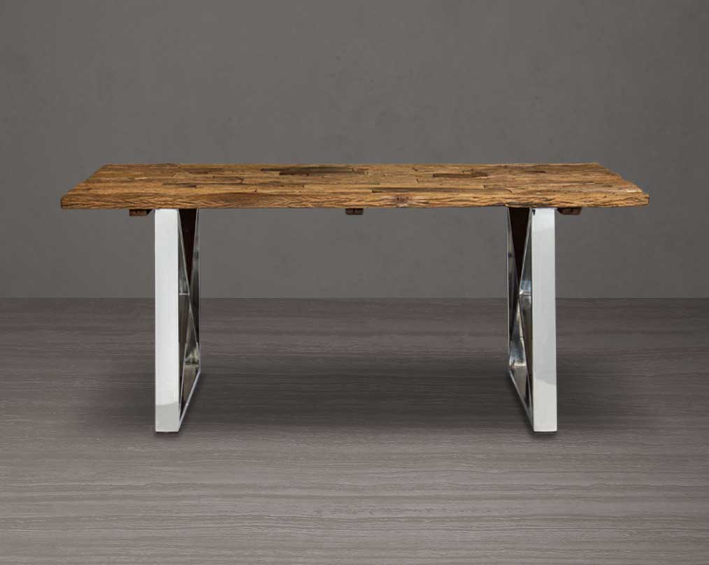 6 seater rectangle dining table with sleeper wood top which has been recycled from railway tracks in a rustic and natural finish with stainless steel base.