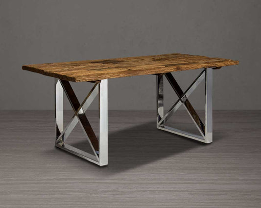 6 seater rectangle dining table with sleeper wood top which has been recycled from railway tracks in a rustic and natural finish with stainless steel base.