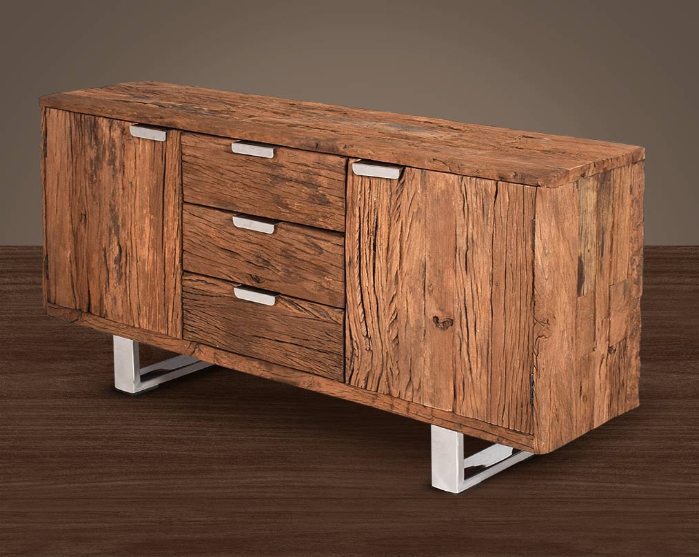 Sideboard/ Buffet in sleeper wood which has been recycled from railway tracks in a rustic and natural finish with stainless steel base and handles.