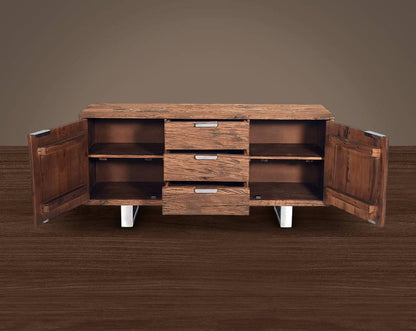 Sideboard/ Buffet in sleeper wood with open drawer  which has been recycled from railway tracks in a rustic and natural finish with stainless steel base and handles.