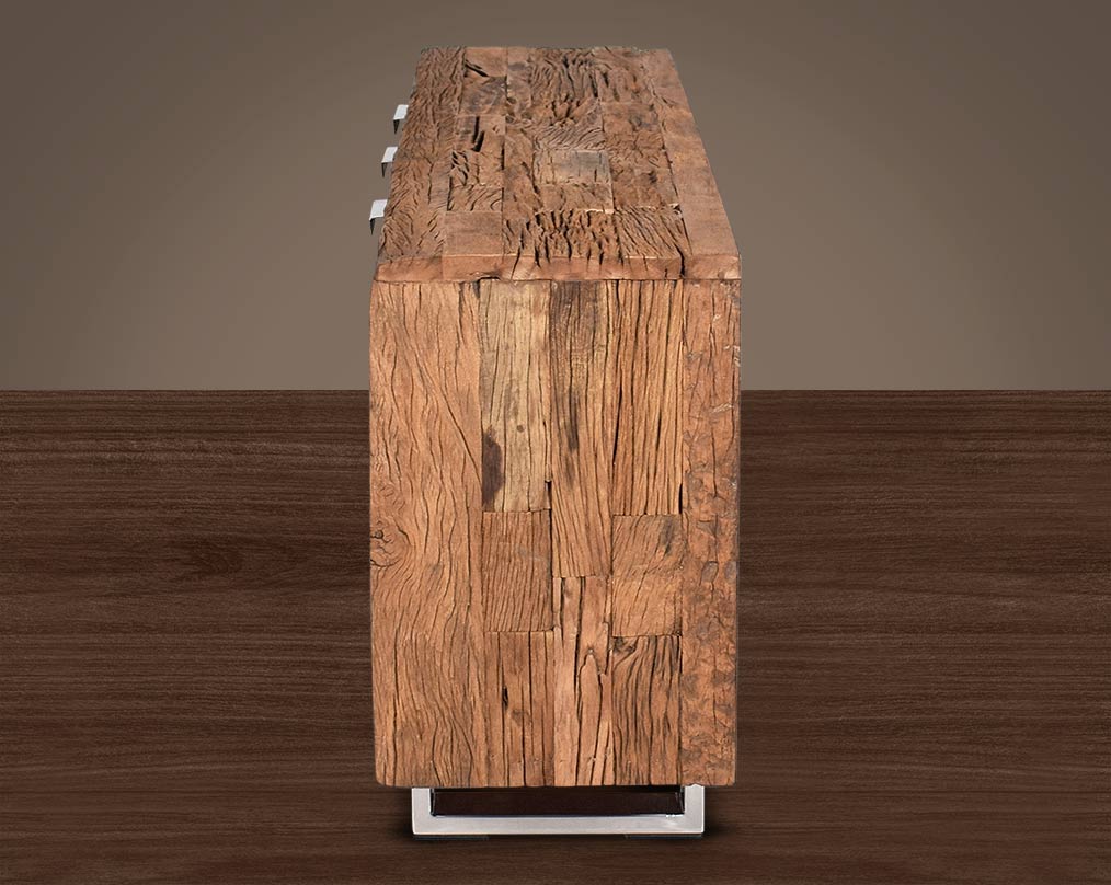 Sideboard/ Buffet in sleeper wood which has been recycled from railway tracks in a rustic and natural finish with stainless steel base and handles.