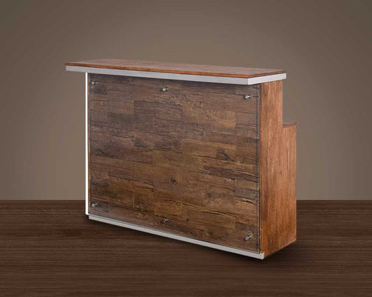 Bar counter in mango wood and stainless steel, with front in glass and sleeper wood which has been recycled from railway tracks in a rustic & natural finish with storage.