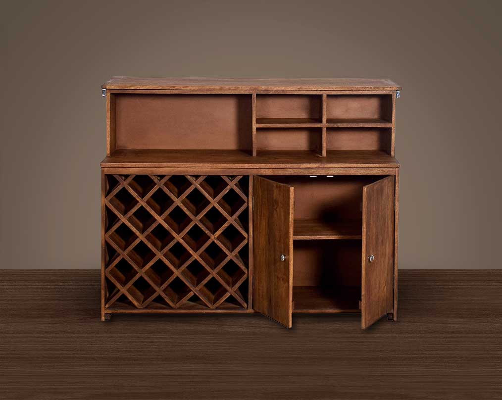 Bar counter in mango wood and stainless steel, with open drawer  front in glass and sleeper wood which has been recycled from railway tracks in a rustic & natural finish with storage.