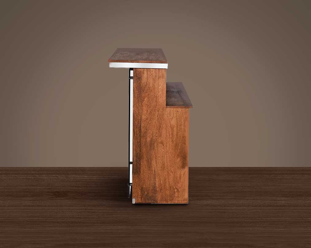 Bar counter in mango wood and stainless steel, with front in glass and sleeper wood which has been recycled from railway tracks in a rustic & natural finish with storage.