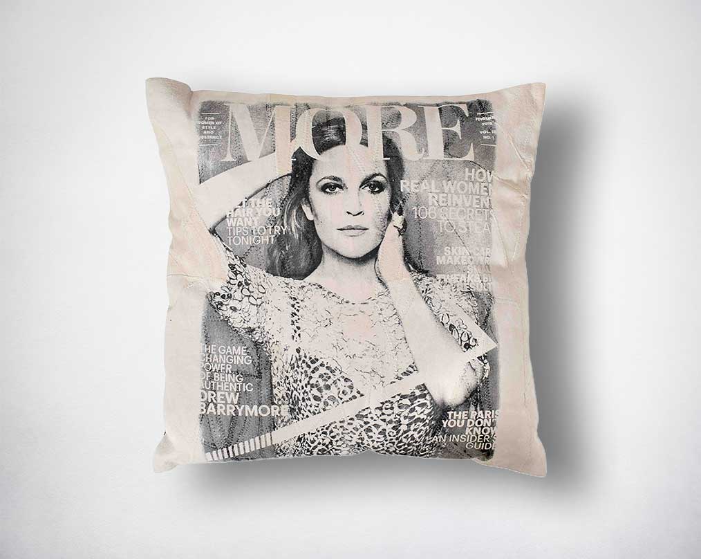 Sand recycled suede leather cushion with print.