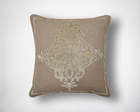 Gold embroidered cotton cushion.