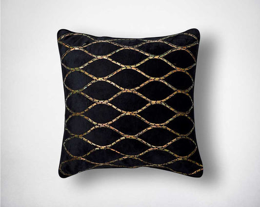 Shiny gold beaded poly silk black embroidered cushion.