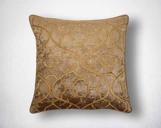 Gold poly silk embroidered cushion.